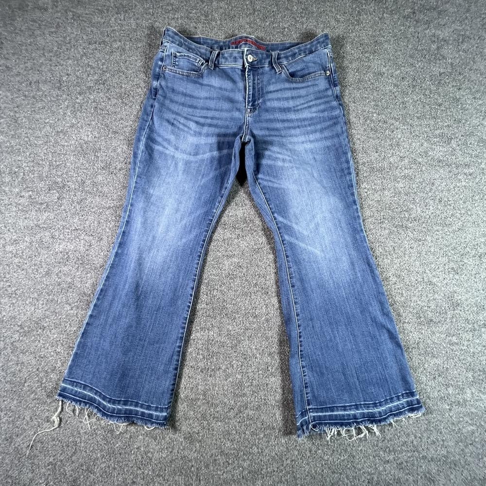 Lucky Brand Flared Jeans Women's 14 Blue Cotton Denim Low Rise Faded Frayed-Hem